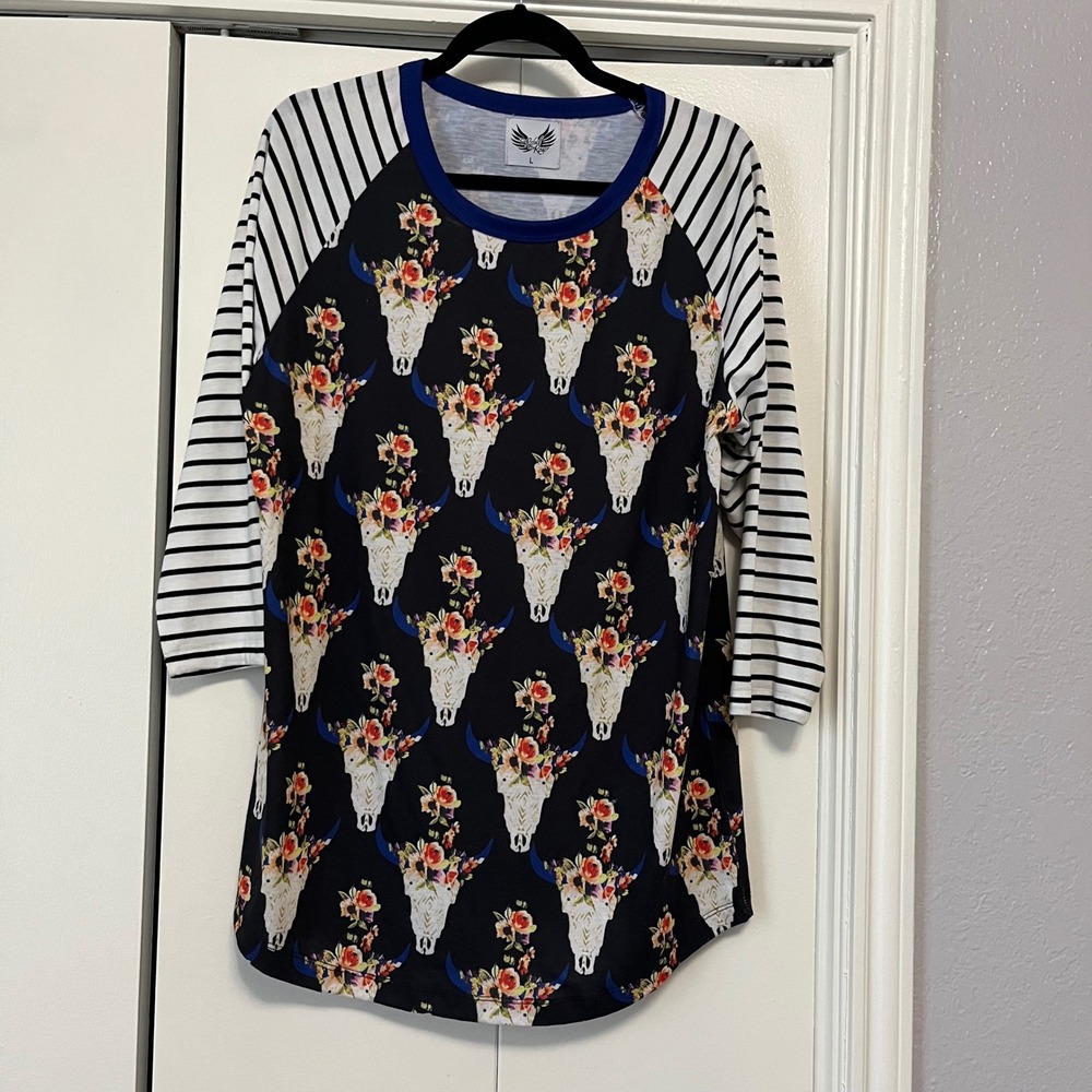 Rebel & Rose Floral Skull Baseball Tee Western‎ Graphic Top Large